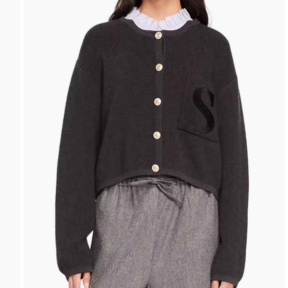 Sandro Knit Cardigan with Embroidered Pocket in Charcoal Grey - Picture 1 of 16